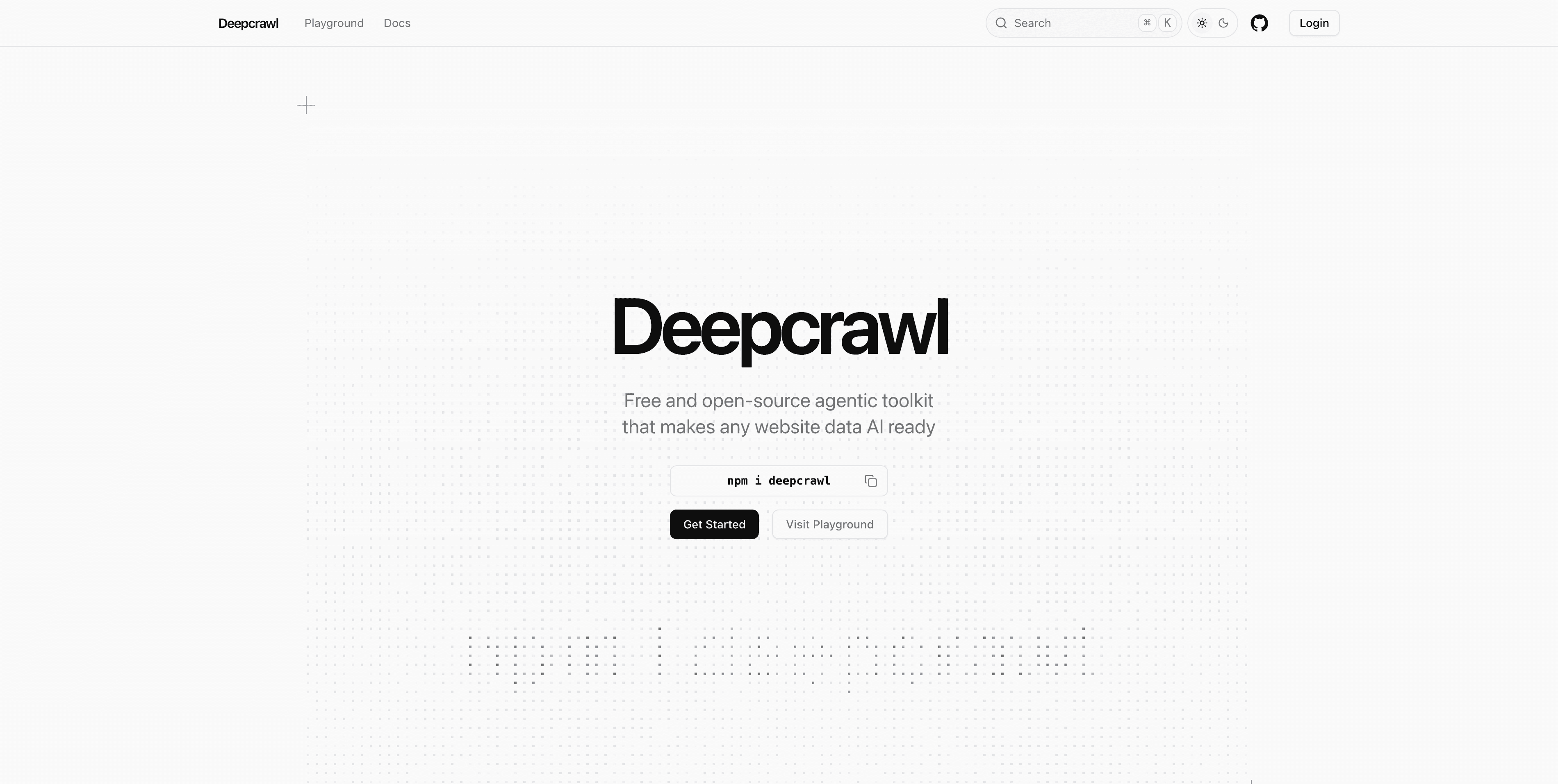 Deepcrawl homepage with an installation command and links to the playground and documentation.