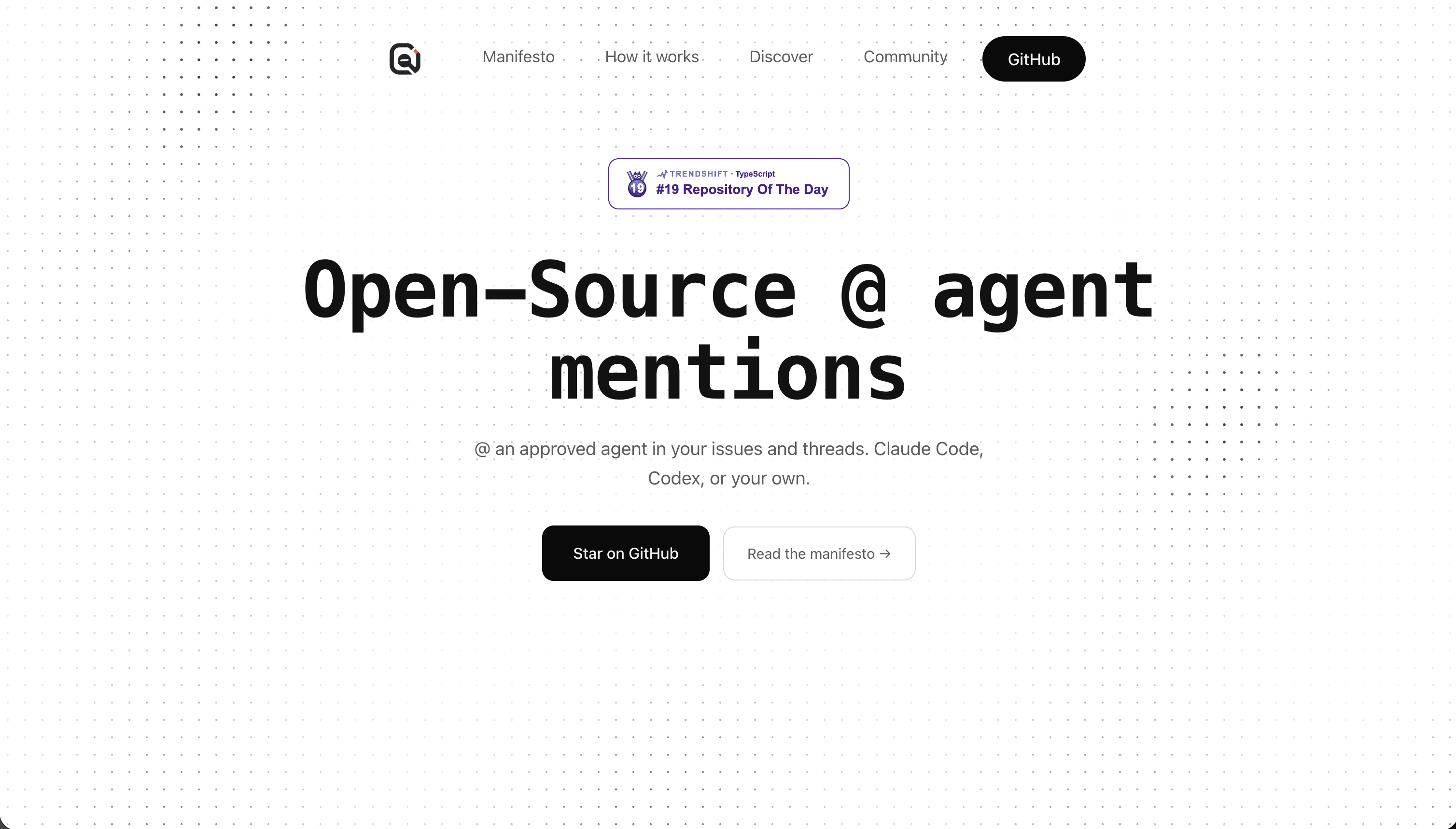 OpenTag homepage presenting open-source agent mentions and links to its manifesto and GitHub repository.