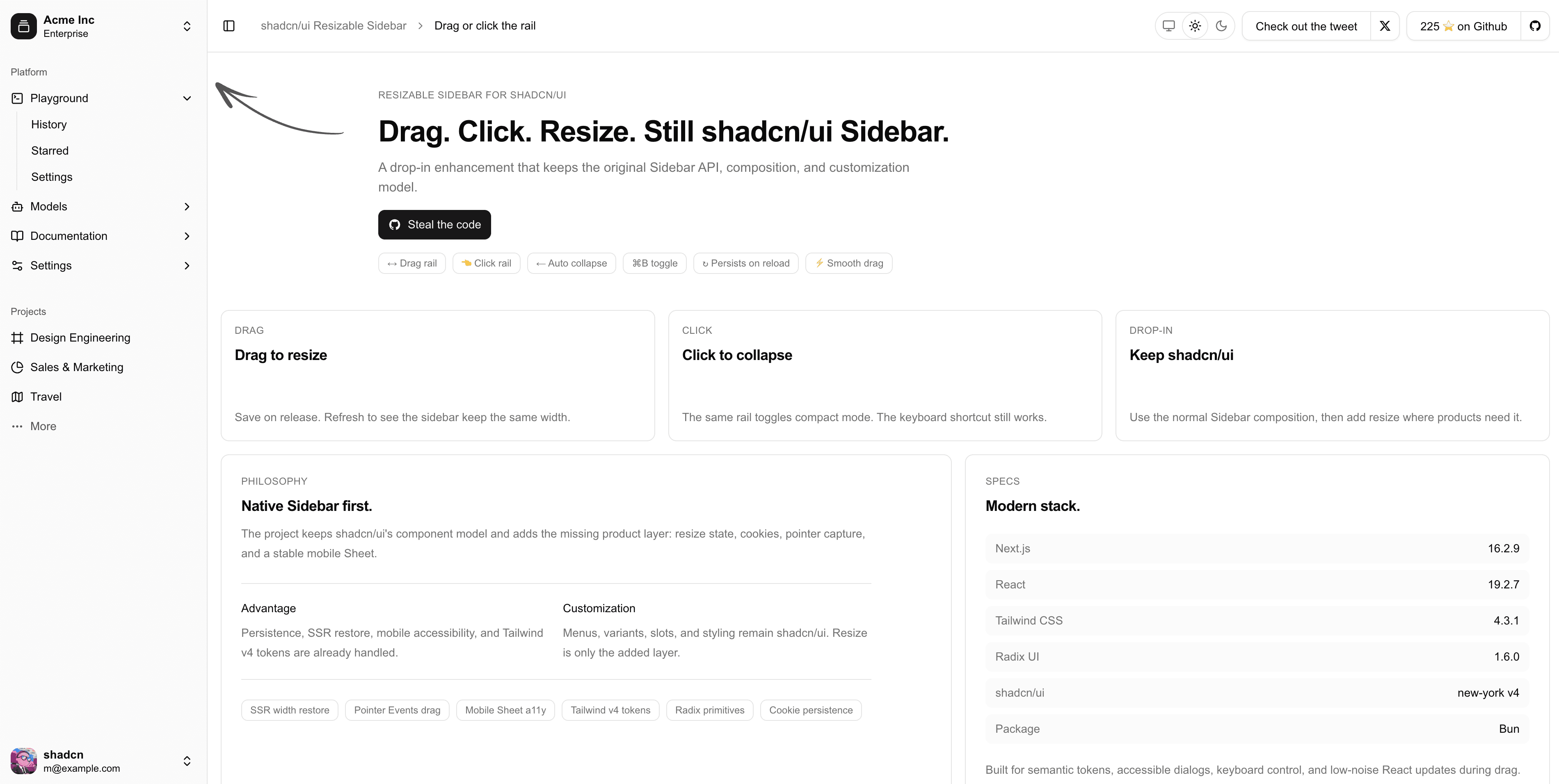 shadcn/ui Resizable Sidebar demo showing drag, click, persistence, mobile, and customization behavior.